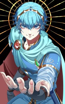 1boy black_background blue_eyes blue_hair closed_mouth commentary_request corn_(corn2352157) earrings fire_emblem fire_emblem:_mystery_of_the_emblem highres jewelry looking_at_viewer male_focus marth_(fire_emblem) multicolored_eyes nintendo offering_hand short_hair solo tiara