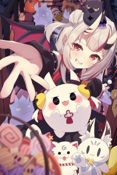 1girl absurdres alternate_costume bell candy character_request crow_(la+_darknesss) demon_wings dot_nose fang food grin hair_between_eyes hair_between_horns hair_ornament halloween halloween_bucket halloween_costume highres holding hololive horns jack-o'-lantern karma_(nakiri_ayame) light_blush long_hair looking_at_viewer mk_haku multicolored_hair nakiri_ayame oni onigirya_(nekomata_okayu) open_door pokobee polearm pov poyoyo_(nakiri_ayame) pumpkin red_eyes red_hair skin_fang smile subaru_duck sukonbu_(shirakami_fubuki) trident virtual_youtuber weapon white_hair wings