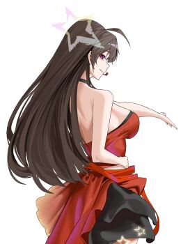 1girl absurdres ahoge bare_shoulders black_choker blush breasts brown_hair choker closed_mouth commentary english_commentary goddess_of_victory:_nikke hair_between_eyes hand_on_own_hip headset highres idol idol_clothes kirirei_228 large_breasts long_hair pretty_(nikke) purple_eyes red_shirt red_skirt shirt simple_background skirt smile solo star_(symbol) white_background