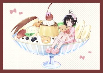 1girl absurdres antenna_hair apple_rabbit banana banana_slice black_eyes black_hair blush border cherry closed_mouth commentary_request dessert dotted_background food food_art fruit full_body highres holding holding_stuffed_toy ice_cream idolmaster idolmaster_(classic) kikuchi_makoto looking_at_viewer mini_person minigirl one_eye_closed pajamas parfait pink_headdress pink_pajamas pink_shoes pudding red_border shirako_(srk_srtk) shoes short_hair sitting smile socks solo sprinkles strawberry stuffed_animal stuffed_toy teddy_bear