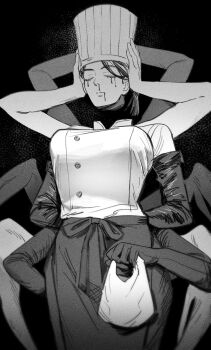 1girl arms_behind_back arms_up bag black_background blood blood_from_mouth bloody_tears breasts buttons chainsaw_man chef_hat closed_eyes closed_mouth cowboy_shot elbow_gloves extra_arms falling_devil_(chainsaw_man) film_grain flat_top_chef_hat from_below frown gloves greyscale hat hatching_(texture) highres hjoe8 holding holding_bag holding_detached_head jacket medium_breasts monochrome short-sleeved_jacket short_hair short_sleeves simple_background skirt solo standing turtleneck turtleneck_jacket u_u vignetting