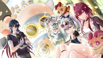 2boys 4girls absurdres alternate_costume aminww_amingming animal aqua_dress bandaged_arm bandaged_hand bandages black_cat black_gloves black_hairband black_jacket black_shirt blade_(honkai:_star_rail) bubbles_(honkai:_star_rail) caelus_(honkai:_star_rail) cat chimera_(honkai:_star_rail) closed_mouth commentary_request crossed_legs dress dual_persona firefly_(honkai:_star_rail) gloves goggles goggles_on_head grey_eyes grey_hair hair_over_one_eye hairband handheld_game_console highres holding holding_animal holding_cat holding_handheld_game_console holding_removed_eyewear honkai:_star_rail honkai_(series) hoyofair jacket kafka_(honkai:_star_rail) long_hair looking_at_viewer multiple_boys multiple_girls outdoors playing_games ponytail purple_eyes purple_hair shirt silver_wolf_(honkai:_star_rail) sitting smile standing stellaron_hunters_(honkai:_star_rail) stelle_(honkai:_star_rail) sunglasses trailblazer_(honkai:_star_rail) trash_can unworn_eyewear white_shirt