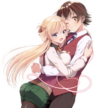 1boy 1girl ;d araragi_ayune ass blonde_hair blue_eyes blue_necktie bolo_tie breast_press breasts brown_eyes brown_hair collared_shirt commentary_request cowboy_shot green_shorts grin hetero hug isshiki-san_wa_koi_wo_shiritai. large_breasts long_hair long_sleeves looking_at_viewer meishi_leland necktie one_eye_closed open_mouth pantyhose pantyhose_under_shorts red_vest rinna_milford shirt shorts simple_background smile vest white_background white_shirt