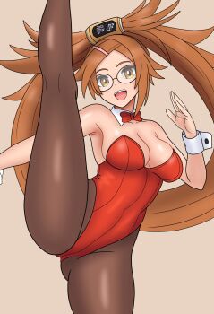 Rule 34 | 1girl, blush, bojack198, bow, bowtie, breasts, brown background, brown eyes, brown hair, brown pantyhose, calves, cleavage, collar, glasses, guilty gear, hair rings, highres, kuradoberi jam, large breasts, leotard, long hair, looking at viewer, open mouth, pantyhose, playboy bunny, red bow, red bowtie, red leotard, simple background, single hair ring, smile, solo, split, standing, standing on one leg, standing split, teeth, upper teeth only, white collar, white wrist cuffs, wrist cuffs