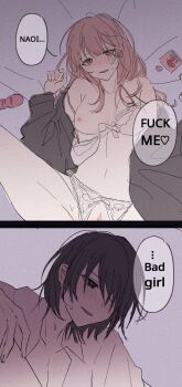 2girls black_eyes black_hair blush bra breasts chinese_commentary commentary_request english_text guiltyskullu highres long_hair medium_breasts multiple_girls naoi_(zenbu_kowashite_jigoku_de_aishite) nipples open_mouth panties pink_hair purple_eyes pussy sex_toy short_hair underwear vibrator white_bra white_panties yoshizawa_kurumi yuri zenbu_kowashite_jigoku_de_aishite