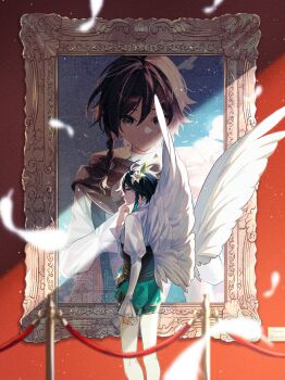 1boy blurry blurry_foreground braid commentary_request con_potata feathers feet_out_of_frame flower from_behind genshin_impact hair_flower hair_ornament highres long_sleeves looking_back male_focus painting_(object) shorts solo standing venti_(genshin_impact) white_wings wings