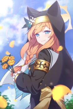 1girl absurdres animal_ear_headwear animal_ears back_bow blue_archive blue_eyes blue_sky blurry blush bow braid braided_ponytail cat_ears cherry_enpty closed_mouth commentary_request day depth_of_field eyelashes fake_animal_ears falling_petals floating_clothes floating_hair flower frilled_sleeves frills from_side habit halo hand_up happy hat hat_flower hat_ornament highres holding holding_flower leaf_hat_ornament long_hair long_sleeves looking_at_viewer low_ponytail mari_(blue_archive) nun orange_flower orange_hair outdoors petals ponytail puffy_long_sleeves puffy_sleeves sky smile solo sunlight upper_body white_flower yellow_bow yellow_halo