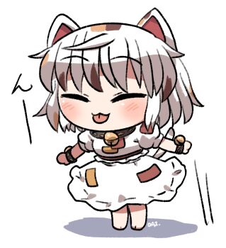 1girl :3 animal_ears barefoot bell black_collar blush calico_(pattern) cat_ears cat_girl cat_tail chibi chibi_only closed_eyes closed_mouth collar commentary_request full_body goutokuji_mike highres multicolored_hair neck_bell patch rokugou_daisuke shirt short_hair short_sleeves simple_background skirt skirt_set solo standing streaked_hair tail tongue tongue_out touhou white_background white_hair white_shirt white_skirt