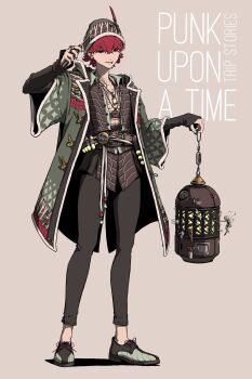 1boy 6+girls absurdres belt birdcage brown_background brown_eyes cage character_request chest_tattoo coat commentary_request copyright_request cyberpunk english_text fairy fairy_wings full_body green_coat highres holding holding_cage jewelry multiple_girls necklace original red_hair shoes sneakers solo standing tattoo user_ujsh8484 wings