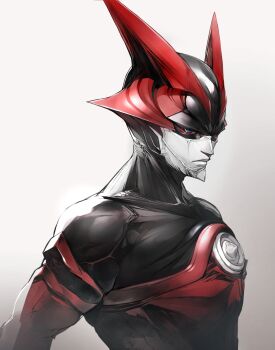 Rule 34 | 1boy, black bodysuit, bodysuit, closed mouth, commentary, glaring, gradient background, highres, horns, kanzaki jin, light particles, looking at viewer, male focus, muscular, red vest, serious, solo, spikes, superhero costume, tifa18, toned, toned male, upper body, vest, white background, zet, zetman