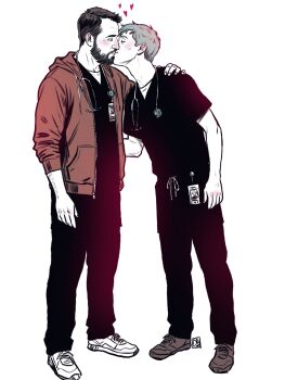 Rule 34 | 2boys, arm around shoulder, beard, black shirt, blonde hair, brown shoes, closed eyes, commentary, dennis whitaker, drawstring, english commentary, facial hair, heart, highres, hood, hooded jacket, jacket, kiss, lanyard, long sleeves, male focus, medical scrubs, michael robinavitch, multiple boys, open clothes, open jacket, pants, parted hair, quennaart7, red jacket, shirt, shoes, short hair, short sleeves, simple background, sneakers, standing, stethoscope around neck, the pitt, white background, white shirt, white shoes, yaoi