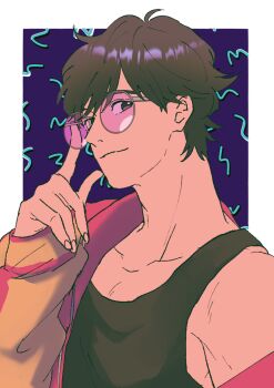 1boy banana_fish black_hair black_tank_top border brown_eyes closed_mouth commentary_request glasses hana_(dkrnn) jacket long_sleeves looking_at_viewer male_focus okumura_eiji outside_border pink-tinted_eyewear round_eyewear short_hair solo tank_top tinted_eyewear white_border