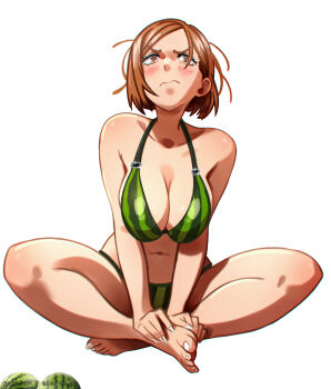 absurdres artist_name barefoot bikini blush breasts brown_eyes brown_hair cleavage closed_mouth commentary food_print fruit_print full_body green_bikini highres indian_style jujutsu_kaisen kugisaki_nobara large_breasts looking_at_viewer navel patreon_username print_bikini short_hair simple_background sitting stepkingo_art striped_bikini striped_clothes swimsuit vertical-striped_bikini vertical-striped_clothes watermelon_print white_background