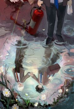 2boys akinashi_haru blood blood_trail chinese_commentary commentary_request corpse different_reflection dragging fire_extinguisher fleabane flower handkerchief happy highres holding holding_fire_extinguisher holding_handkerchief holding_hands lower_body luoxingkong male_focus multiple_boys puddle reflection ripples saihate_eki tatsunami_shion white_flower