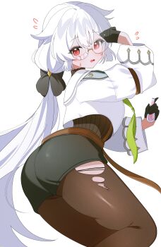 1girl absurdres adjusting_eyewear black_gloves black_pantyhose black_shorts black_sweater broken_eyewear commentary cropped_jacket flying_sweatdrops fuyuka_(probation_period_cleared!)_(stella_sora) fuyuka_(stella_sora) glasses gloves hair_flaps half_gloves hand_up highres holding jacket open_mouth pantyhose red_eyes short_shorts shorts shusuchii solo squiggle stella_sora sweater symbol-only_commentary torn_clothes torn_pantyhose wavy_hair white_hair white_jacket