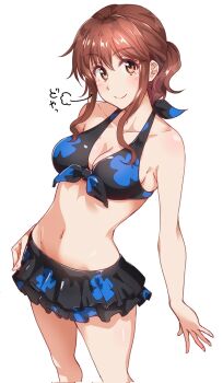 Rule 34 | 1girl, aged up, bikini, bikini skirt, black bikini, blush, breasts, cleavage, closed mouth, collarbone, commentary request, front-tie bikini top, front-tie top, hibike! euphonium, highres, looking at viewer, medium hair, navel, official alternate costume, oumae kumiko, ponytail, print bikini, simple background, small breasts, solo, standing, swimsuit, translation request, ukkii, white background