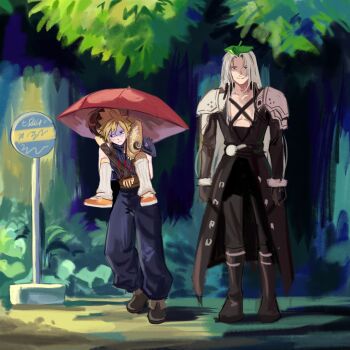 1girl 2boys armor black_gloves blonde_hair boots bus_stop bus_stop_sign carrying cloud_strife commentary_request final_fantasy final_fantasy_vii gloves grey_hair highres leaf leaf_on_head long_hair multiple_boys outdoors parody pauldrons piggyback pink_umbrella road_sign scene_reference sephiroth shared_umbrella shoulder_armor sign single_pauldron standing sweat totoro_bus_stop tree umbrella yomyompi yuffie_kisaragi