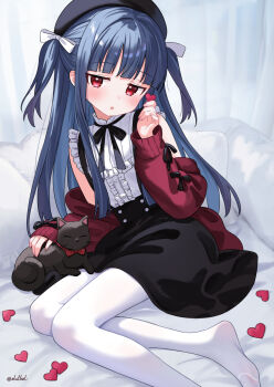 1girl :o black_cat black_skirt blue_hair blunt_bangs blush cardigan cat eluthel frilled_shirt frills heart highres idolmaster idolmaster_cinderella_girls long_hair looking_at_viewer neck_ribbon pantyhose pero_(idolmaster_cinderella_girls) red_eyes ribbon sajo_yukimi shirt sitting skirt solo suspender_skirt suspenders twitter_username two_side_up white_pantyhose white_shirt