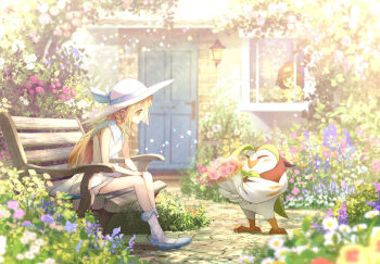 2girls absurdres beanie bench black_hair blonde_hair blue_eyes blunt_bangs blush bouquet braid breasts dartrix dress flower gen_7_pokemon green_eyes hat highres holding holding_bouquet lillie_(pokemon) long_hair multiple_girls nintendo open_mouth outdoors pokemon pokemon_(creature) pokemon_sm ponytail red_hat ribero selene_(pokemon) shirt short_hair short_sleeves sitting sleeveless sleeveless_dress smile sun_hat sundress tied_shirt twin_braids white_dress white_hat window