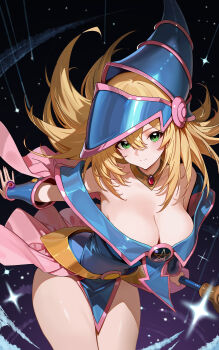 1girl absurdres bare_shoulders blonde_hair blue_dress blush breasts cleavage closed_mouth collarbone commentary_request dark_magician_girl dress duel_monster fingernails green_eyes hair_between_eyes hat highres holding holding_wand large_breasts long_hair looking_at_viewer melt_(meltdkh) nail_polish smile solo wand wizard_hat yellow_nails yu-gi-oh!