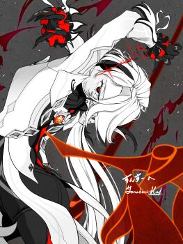 absurdres arlecchino_(genshin_impact) black_eyes black_hair black_hands coat colored_extremities crimson_moon&#039;s_semblance_(genshin_impact) genshin_impact highres multicolored_hair red_pupils scythe streaked_hair swinging_weapon symbol-shaped_pupils two-tone_hair white_hair x-shaped_pupils yonabari_haru