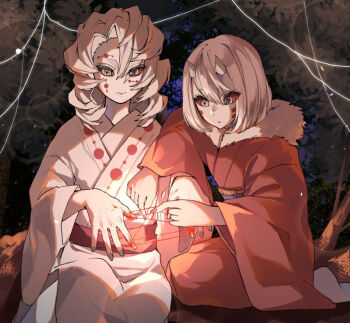 Rule 34 | 1boy, 1girl, bob cut, closed mouth, colored sclera, demon boy, demon girl, demon horns, glowing, green nails, horns, japanese clothes, kimetsu no yaiba, kimono, long hair, mukago (kimetsu no yaiba), nail polish, night, obi, outdoors, pale skin, red kimono, red sclera, rui (kimetsu no yaiba), sash, seiza, short hair, silk, sitting, sky, spider web, tabi, tree, white hair, white kimono, yellow eyes, yogukasu