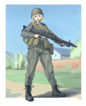 1girl ammunition_belt belt_pouch black_boots blonde_hair blue_eyes boots bundeswehr combat_boots full_body gun gun_sling heavy_breathing helmet highres holding holding_gun holding_weapon looking_at_viewer machine_gun mg3 military_uniform open_mouth original pouch soldier solo standing taco_xd69 trigger_discipline undershirt weapon