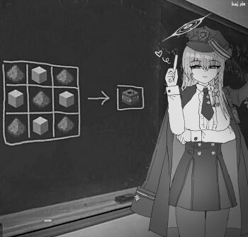 Rule 34 | 1girl, absurdres, blue archive, coat, coat on shoulders, explosive, gameplay mechanics, halo, haruna (blue archive), hat, heart, highres, indoors, kai xin, long hair, looking at viewer, minecraft, monochrome, solo, standing, tnt, tnt block (minecraft)