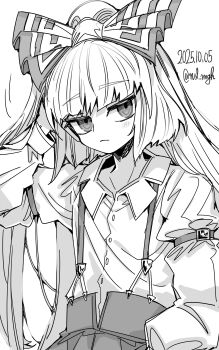 1girl absurdres armband artist_name bow commentary dated expressionless fujiwara_no_mokou greyscale hair_bow hand_in_own_hair highres ichirugi looking_at_viewer monochrome pants shirt sketch solo suspenders touhou