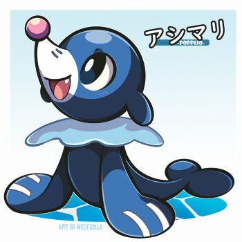 artist_name blush border bright_pupils character_name commentary english_commentary fang full_body gen_7_pokemon gradient_background highres nintendo no_humans open_mouth pokemon pokemon_(creature) popplio simple_background solo translation_request white_border white_pupils woofzilla