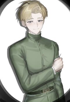 Rule 34 | 1boy, absurdres, belt, black belt, blonde hair, blue eyes, buttons, chi.: chikyuu no undou ni tsuite, chinese commentary, closed mouth, commentary request, green jacket, hand on own arm, highres, jacket, kxdgpnqgoe44409, light smile, male focus, rafal (chi.), shadow, short hair, simple background, solo, spotlight, white background