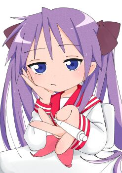 1girl absurdres black_bow bored bow chair frown hand_on_own_face highres hiiragi_kagami holding holding_pen long_hair looking_at_viewer lucky_star neckerchief pen pink_neckerchief purple_hair red_sailor_collar ryouou_school_uniform sailor_collar school_uniform shirt sitting sketch_background table tsurime twintails white_background white_shirt yq9nhoedbnmi6iy