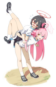 2girls absurdres ahoge ayane_(blue_archive) black_buruma black_hair black_jacket black_shoes blue_archive blue_eyes blush buruma clothes_around_waist commentary_request csham glasses halo heterochromia highres hoshino_(blue_archive) jacket jacket_around_waist lifting_person locked_arms long_hair looking_at_another multiple_girls open_mouth pink_hair pink_halo red-framed_eyewear red_halo shirt shoes short_hair sneakers t-shirt white_shirt yellow_eyes