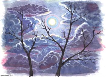 absurdres artist_name bare_tree border cloud cloudy_sky commentary_request cool_colored full_moon highres maitian_(edsr3775) moon night no_humans original outdoors painting_(medium) scan scenery signature sky traditional_media tree watercolor_(medium) white_border