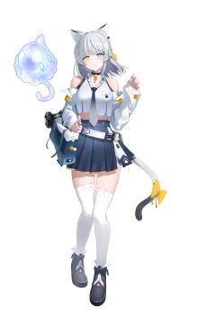 1girl absurdres amase_chihiro animal_ear_fluff animal_ear_legwear animal_ears artist_request bag bare_shoulders bell black_choker black_hair black_necktie black_panties black_shoes black_tail blue_eyes blue_nails blue_skirt blue_umbrella bow braid breasts cat_cutout cat_ear_legwear cat_earrings cat_ears cat_girl cat_tail choker cleavage clothing_cutout collarbone collared_shirt detached_sleeves dot_nose earrings gradient_necktie gradient_tail grey_necktie grey_tail hair_bow headphones heterochromia highleg highleg_panties highres jewelry long_hair long_sleeves looking_at_viewer loose_necktie multicolored_hair neck_bell necktie official_art panties paw_print pleated_skirt poker_fate purple_hair shirt shoes side_slit skindentation skirt solo streaked_hair tag tail tail_bow tail_ornament thigh_strap thighhighs transparent_background umbrella underwear white_hair white_shirt white_sleeves white_thighhighs yellow_bow yellow_eyes