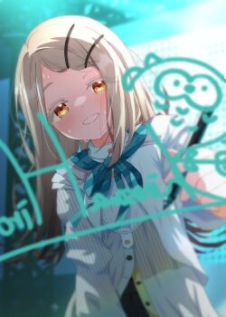 1girl backlighting blonde_hair blurry blurry_background blush character_signature collared_shirt colored_eyelashes commentary_request depth_of_field drawing_on_fourth_wall flipped_hair fourth_wall gakuen_idolmaster gradient_hair grey_hair hair_ornament hairclip hajime_(idolmaster) hand_up highres holding holding_marker idolmaster indoors long_hair long_sleeves looking_at_viewer marker multicolored_hair open_mouth orange_eyes parallel_hairclips partially_unbuttoned shinosawa_hiro shirt smile solo stage stage_lights standing sweat swept_bangs u9ffo upper_body white_shirt