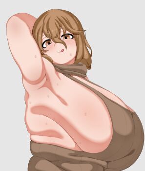 1girl :q arm_behind_head armpits blush breasts brown_eyes closed_mouth grey_background hair_between_eyes head_tilt highres huge_breasts icecube2lazy light_brown_hair looking_at_viewer mole mole_under_eye original simple_background solo sweat tongue tongue_out upper_body