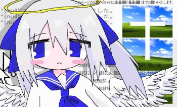 1girl 7nenasai angel_wings bliss_(image) blue_eyes blue_neckerchief blue_sailor_collar blush_stickers closed_mouth commentary cross halo long_hair looking_at_viewer neckerchief photo_inset sailor_collar shirt solo symbol-only_commentary text_background twintails upper_body white_hair white_shirt white_wings wings