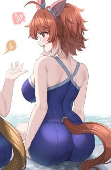 2girls animal_ears ass bare_shoulders breasts brown_hair clothing_cutout commentary competition_swimsuit dantsu_flame_(umamusume) highres horse_ears horse_girl horse_tail kibihimi large_breasts looking_at_another multiple_girls one-piece_swimsuit poolside sitting skindentation solo_focus spoken_food swimsuit symbol-only_commentary tail tail_through_clothes umamusume unitard wet white_hair