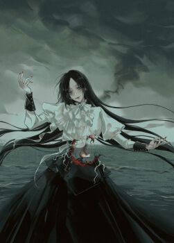 Rule 34 | 1girl, absurdres, ascot, black hair, black skirt, blouse, blue eyes, brooch, cowboy shot, dancing, earrings, fire, floating hair, half-closed eyes, hands up, high-waist skirt, highres, hole on body, jewelry, juliet sleeves, long hair, long sleeves, material growth, mitsukyou, nail polish, necklace in mouth, ocean, overcast, path to nowhere, puffy sleeves, red nails, shin (path to nowhere), ship, shirt, sinking, skirt, sky, smoke, smoke trail, solo, tentacles, very long hair, watercraft, white ascot, white shirt