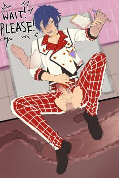 2boys absurdres anal begging black_choker black_shirt blue_hair blue_pubic_hair buttons censored choker clipboard colored_pubic_hair commentary cross-section crying crying_with_eyes_open disembodied_hand disembodied_penis double-breasted english_text ensemble_stars! ero_guro grid_print guro hair_between_eyes highres holding holding_another's_wrist holding_pen imminent_death imminent_murder jacket looking_to_the_side lying male_focus male_pubic_hair mosaic_censoring multiple_boys nullchan official_alternate_costume on_back on_table open_mouth pants pen penis polka_dot pubic_hair raised_inner_eyebrows rape red_pants sazanami_jun sex shirt short_hair solo_focus spread_legs sweat table tears three-quarter_sleeves torn_clothes torn_pants twitching unconventional_weapon white_jacket yaoi yellow_eyes yukadon