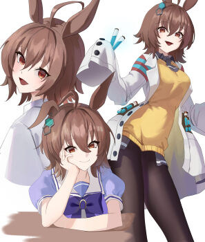 1girl absurdres agnes_tachyon_(tach-nology)_(umamusume) agnes_tachyon_(umamusume) ahoge animal_ears black_necktie black_pantyhose black_shirt blush bow brown_eyes brown_hair closed_mouth collared_shirt hair_between_eyes hand_on_own_face healgo highres holding holding_vial horse_ears horse_girl lab_coat long_sleeves looking_at_viewer necktie no_shoes open_mouth pantyhose purple_bow purple_shirt sailor_collar school_uniform shirt short_hair short_sleeves sleeves_past_fingers sleeves_past_wrists smile sweater tracen_school_uniform umamusume vial white_sailor_collar yellow_sweater
