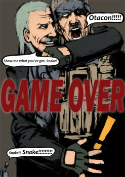 bad_end crotch_grab fingerless_gloves game_over game_over_screen gloves headband liquid_ocelot metal_gear_(series) metal_gear_solid_4:_guns_of_the_patriots old_snake rape_face revolver_ocelot solid_snake tianzhong_zhongtian yaoi