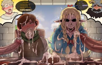 1girl 3boys angry bisexual_male biting blackwhiplash blonde_hair blush braid brown_hair chilchuck_tims clothes cum cum_on_body cum_on_clothes cum_on_hair dungeon_meshi dwarf elf english_text erection facial facial_hair food food_bite food_in_mouth highres laios_touden large_ears large_penis long_hair marcille_donato multiple_boys open_mouth penis pointy_ears rolling_eyes senshi_(dungeon_meshi) short_hair sitting speech_bubble table thought_bubble twin_braids twintails veins veiny_penis