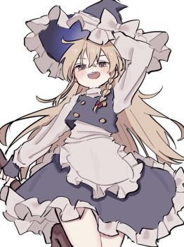 Rule 34 | 1girl, :d, apron, black skirt, black vest, blonde hair, blush, braid, commentary, hand on own head, hat, highres, kirisame marisa, long hair, long sleeves, looking at viewer, maruten moko, open mouth, shirt, skirt, smile, solo, teeth, thighs, touhou, upper teeth only, vest, white background, white shirt, witch hat, yellow eyes