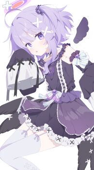 Rule 34 | 1girl, :o, absurdres, ahoge, bare shoulders, black dress, black sleeves, blush, bow, commentary request, detached sleeves, dress, feet out of frame, frilled dress, frilled sleeves, frills, garter straps, hair ornament, halo, hand up, highres, long sleeves, looking at viewer, open mouth, original, pink halo, purple eyes, purple hair, short hair, sidelocks, simple background, sleeve bow, sleeveless, sleeveless dress, sleeves past fingers, sleeves past wrists, solo, thighhighs, urotsuki (ku9625), white background, white bow, white thighhighs, x hair ornament
