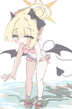 Rule 34 | 1girl, :d, absurdres, barefoot, blonde hair, blue archive, blush, bow, commentary request, demon horns, demon wings, hair bow, halo, highres, horns, ibuki (blue archive), in water, looking at viewer, looking to the side, natsukari na, open mouth, smile, smug, soaking feet, spade (shape), swimsuit, tail, white background, wings, yellow eyes, yellow halo