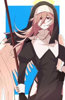 1boy angel_devil_(chainsaw_man) angel_wings black_dress black_gloves blue_background chainsaw_man clothing_cutout commentary_request cowboy_shot cross cross_necklace crossdressing crossdressing_(mtf) dress frown gloves gozen_no_koucha hair_between_eyes halo highres hip_vent holding holding_polearm holding_weapon jewelry long_hair male_focus necklace nun orange_hair panties polearm red_eyes solo string_panties underwear weapon wings