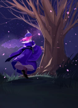 1girl bare_tree black_shoes blue_dress blue_hat cherry_blossom_print dress falling_petals floral_print from_behind furahata_gen grass hat highres japanese_clothes long_dress long_sleeves mob_cap obi petals pink_hair saigyou_ayakashi saigyouji_yuyuko sash shoes short_hair solo standing touhou tree triangular_headpiece veil white_dress wide_sleeves