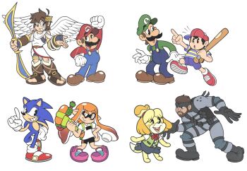 :d :o angel angel_wings animal_crossing backpack bag bandana bare_legs baseball_bat beard black_eyes blonde_hair blue_eyes blue_fur blue_hair blue_overalls blue_shorts blue_skirt boots bow bow_(weapon) bowtie brown_hair brown_shoes buck_teeth child clenched_hand dannycortoons dog dress equipment facial_hair feet formal_clothes gloves green_hair green_hat green_vest grey_suit grin hat hedgehog highres ink inkling inkling_girl inkling_player_character isabelle_(animal_crossing) jumping kid_icarus kid_icarus_uprising konami legs long_hair luigi luigi's_mansion luigi's_mansion_3 mario mario_(series) mercenary messy_hair metal_gear_(series) metal_gear_solid mother_(series) mother_2 mustache ness_(mother_2) nintendo open_mouth orange_eyes orange_hair overalls paint_gun pants pink_hair pink_shoes pit_(kid_icarus) pointing pointy_ears red_bow red_bowtie red_hat red_shirt red_shoes sandals sega shirt shoes shorts size_difference skirt smile socks soldier solid_snake sonic_(series) sonic_forces sonic_the_hedgehog spiked_hair squid squid_girl striped_clothes striped_shirt suit super_mario_odyssey super_smash_bros. teamwork teeth tentacle_hair tight_clothes tight_pants tight_shirt tight_shorts toes toga vest weapon white_gloves white_shirt white_socks wings yellow_fur